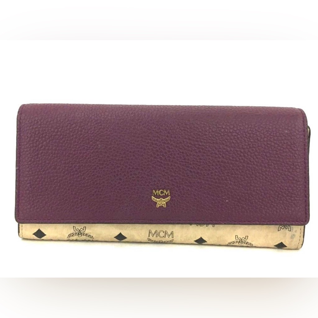 Authentic Mcm Logo Visetos Leather Long Trifold Wallet Purple